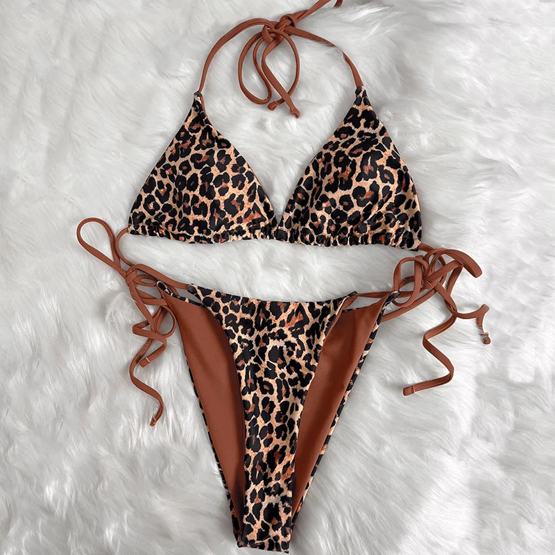 Damen-Bikini-Set mit Grunge-Leopardenmuster, Neckholder und seitlichen Bindebändern