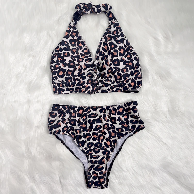Grunge-Leopardenmuster-Halter-Bikini-Set für Damen