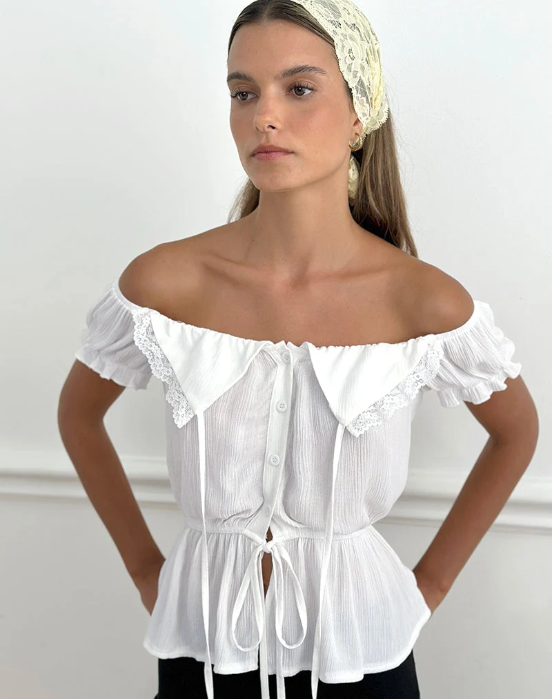 Wujala Bardot Oberteil mit Bindegürtel aus Rayon, weiß