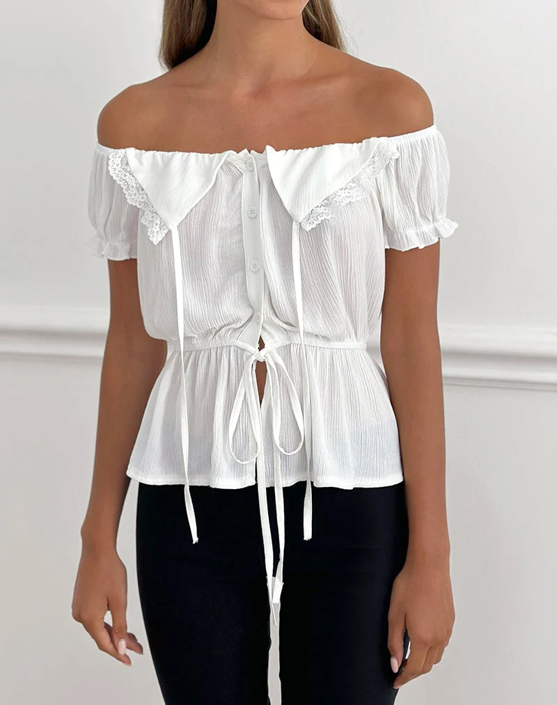 Wujala Bardot Oberteil mit Bindegürtel aus Rayon, weiß