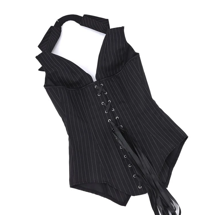 Gothic-Nadelstreifen-Halterneck-Korsett mit Reißverschluss über der Brust für Damen