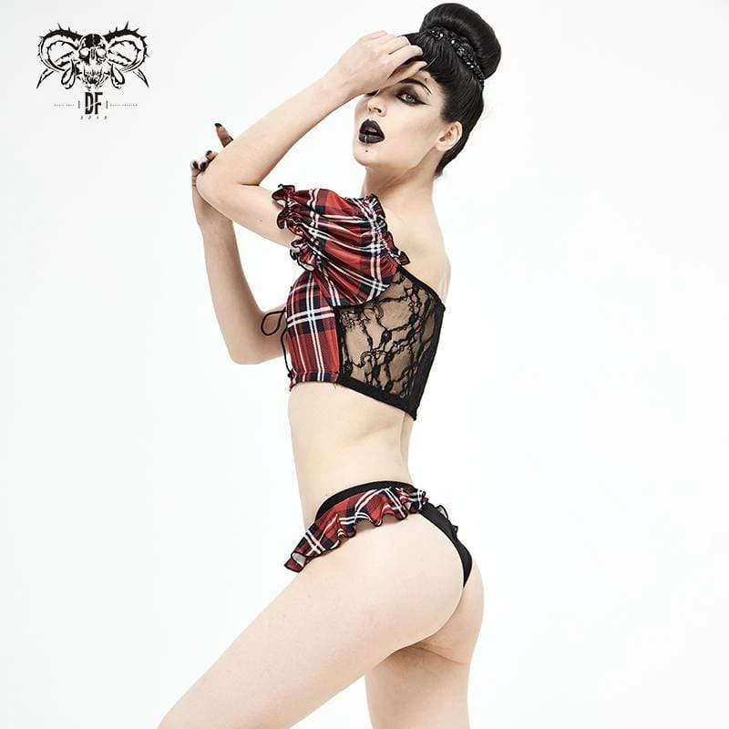 Damen Grunge Red Scottish Check Spitze Longline Swim Top