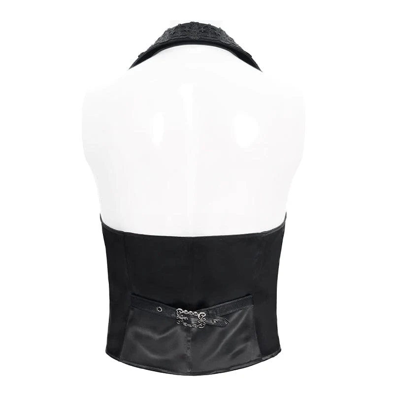 Schwarze Herrenweste mit Gothic-Jacquardmuster, einreihig, Neckholder