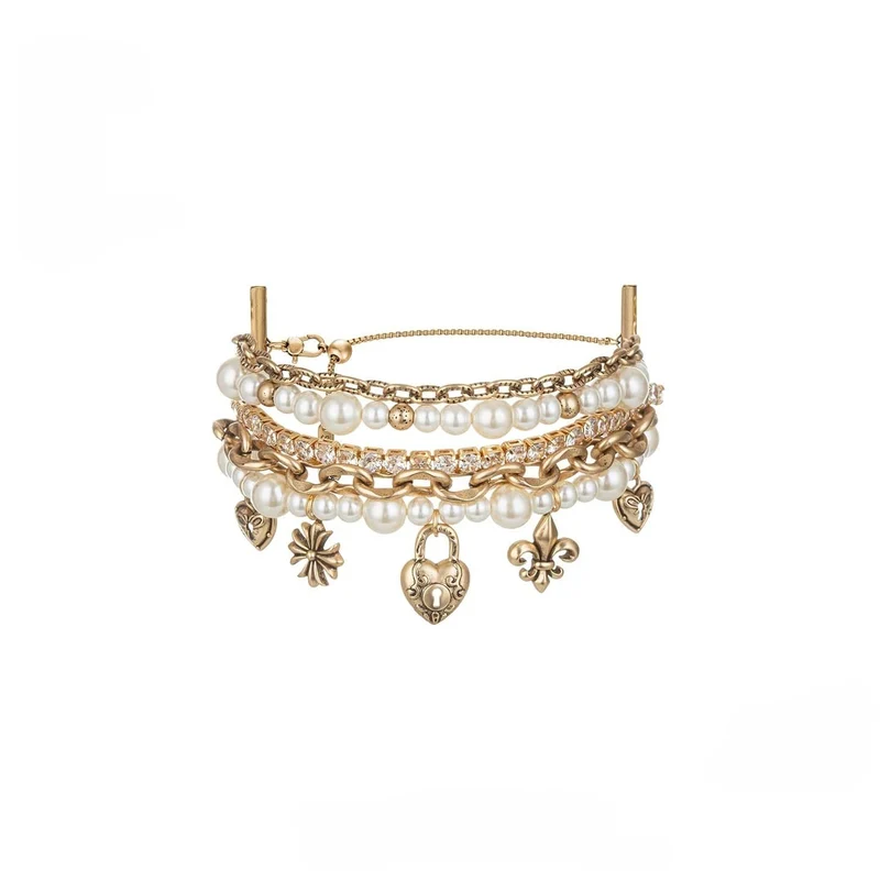 Damen-Armband im Grunge-Stil mit mehreren Lagen aus Diamanten und Perlen