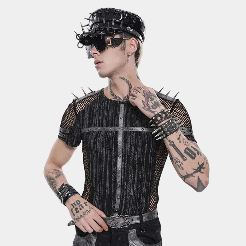 Punk-Herren-Kurzarmshirt mit Nieten und Mesh-Einsätzen