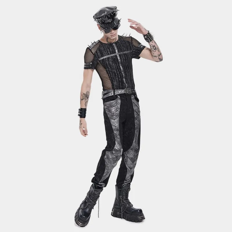 Punk-Herren-Kurzarmshirt mit Nieten und Mesh-Einsätzen