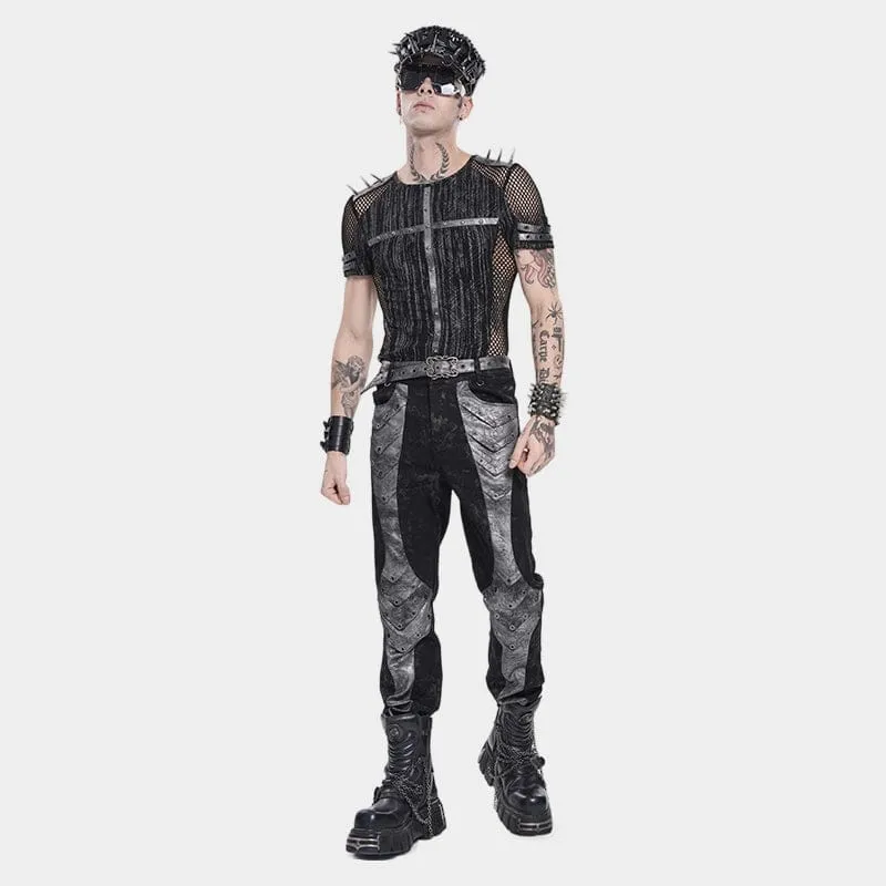 Punk-Herren-Kurzarmshirt mit Nieten und Mesh-Einsätzen