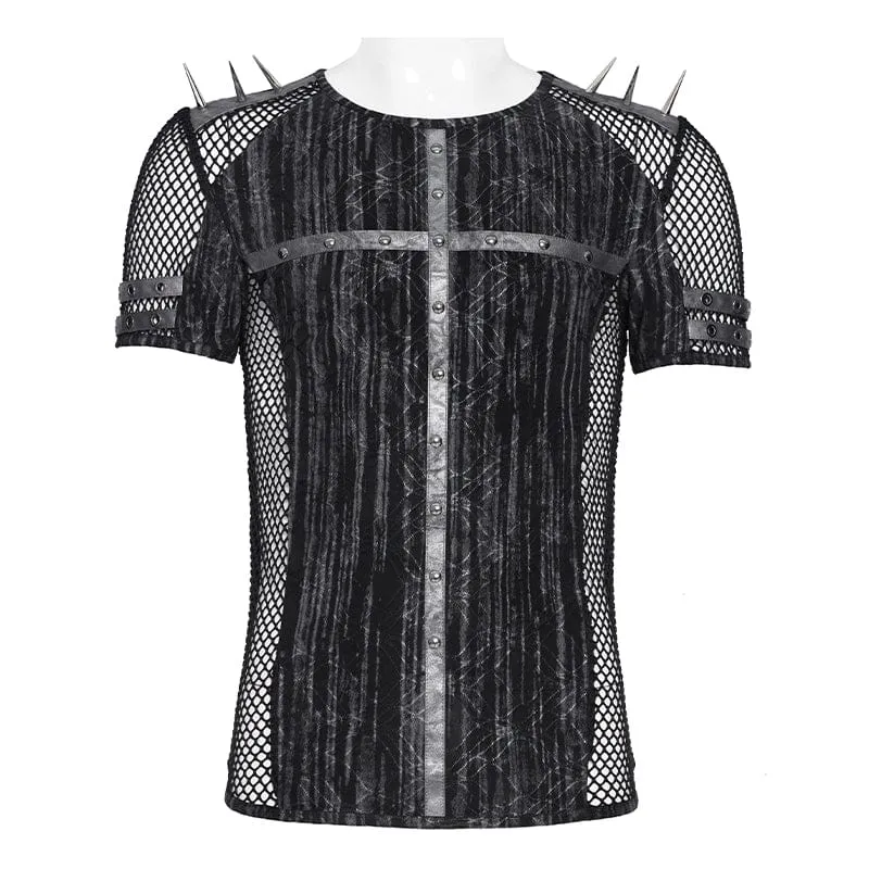 Punk-Herren-Kurzarmshirt mit Nieten und Mesh-Einsätzen