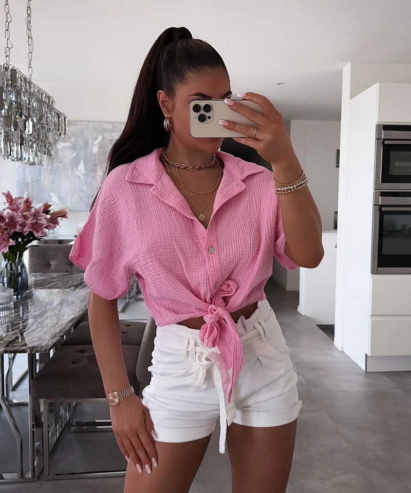 Musselin T-Shirt Knoten Hellpink