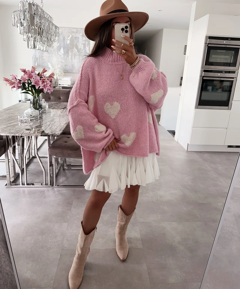 Oversize Pullover Nata Herz Rosa Beige