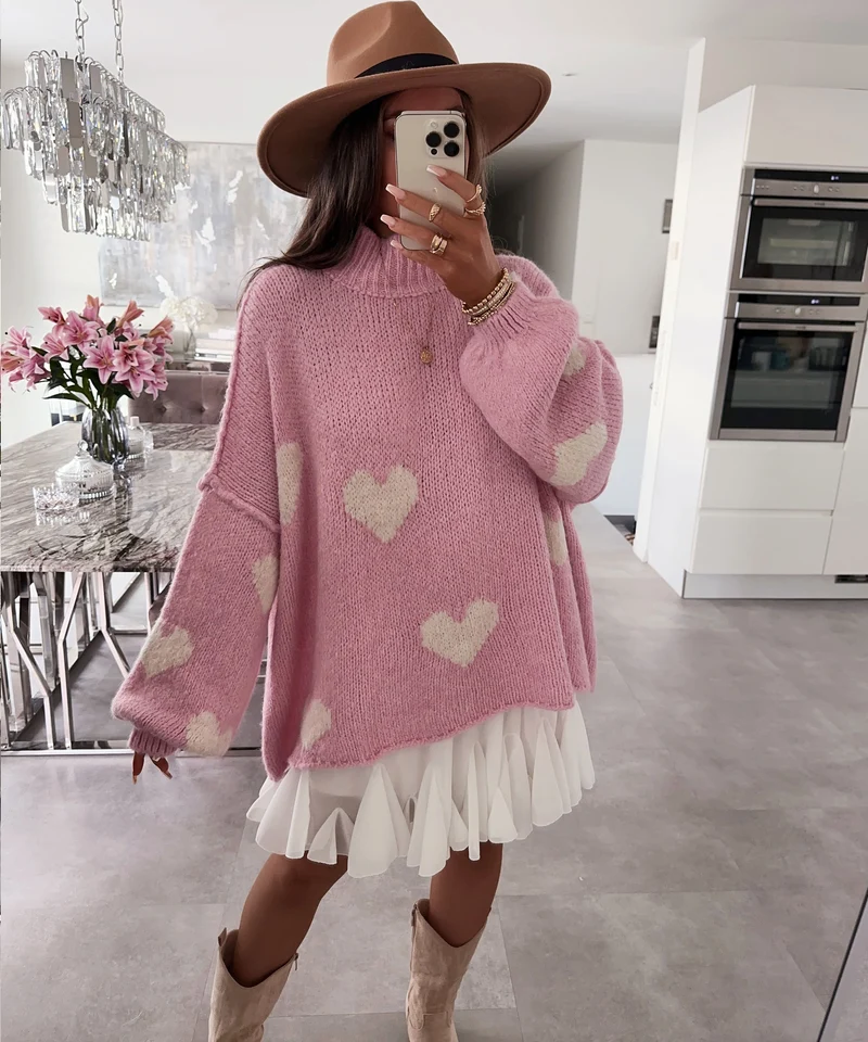 Oversize Pullover Nata Herz Rosa Beige