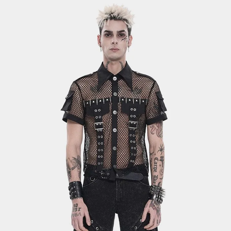 Punk-Meshhemd für Herren mit kleinen Taschen, Bullet & Rivet-Print