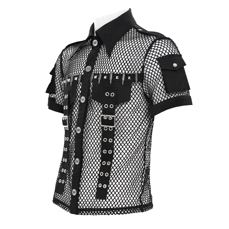 Punk-Meshhemd für Herren mit kleinen Taschen, Bullet & Rivet-Print