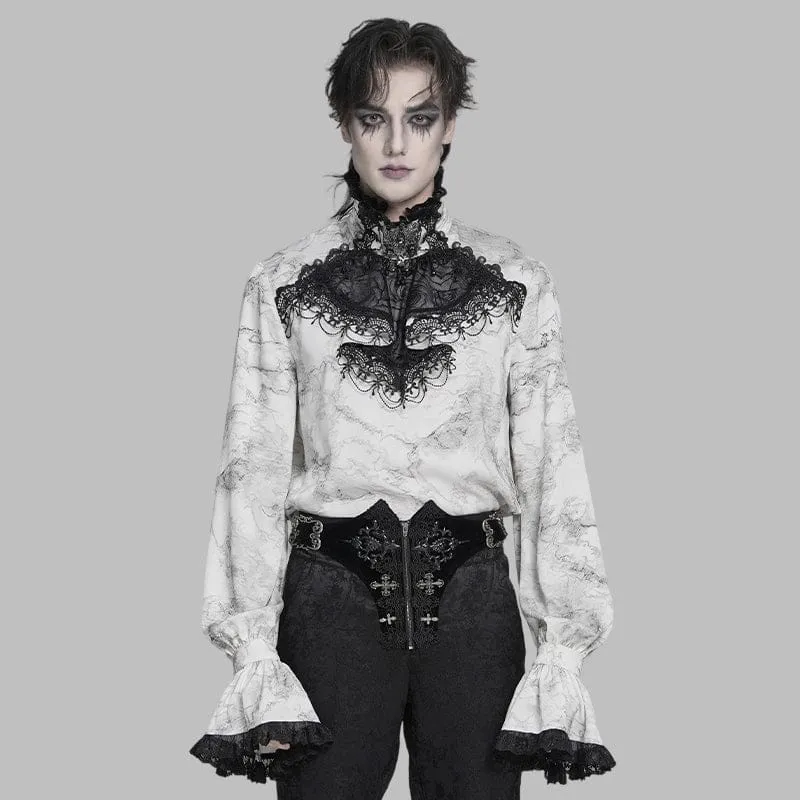 Herrenhemd mit Bischofsärmeln und gotischem Marmormuster, weiß