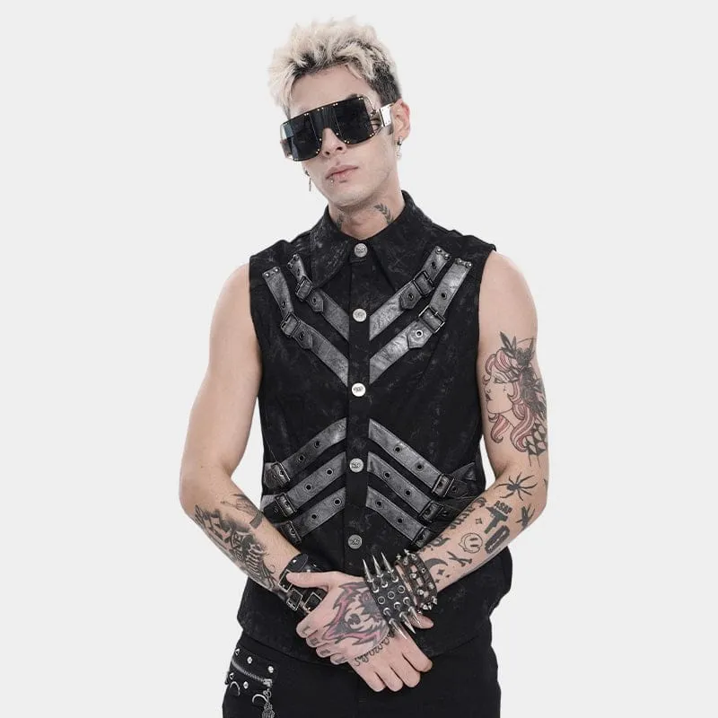 Punk-Herrenoberteil mit Lagenlook, Schnallenriemen und Umlegekragen