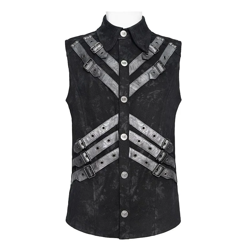 Punk-Herrenoberteil mit Lagenlook, Schnallenriemen und Umlegekragen
