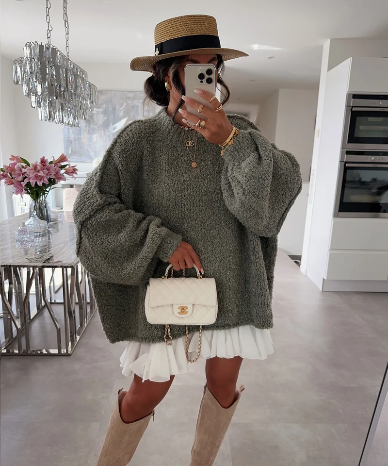 Oversize Boucle Pullover Billa Khaki