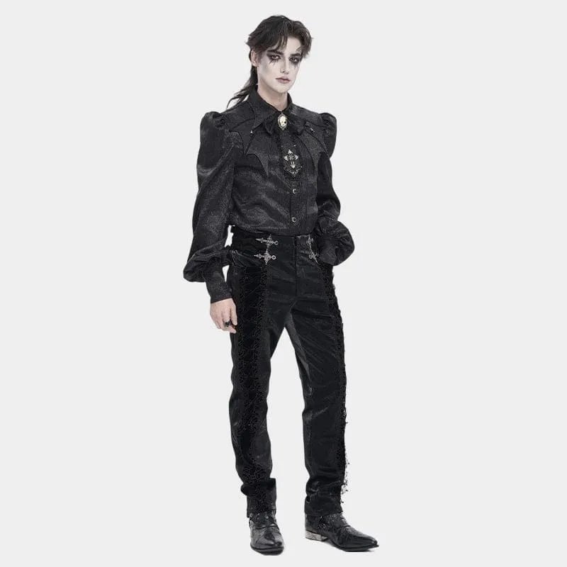Schwarzes Gothic-Jacquard-Hemd für Herren mit Fledermausärmeln und Krawatte