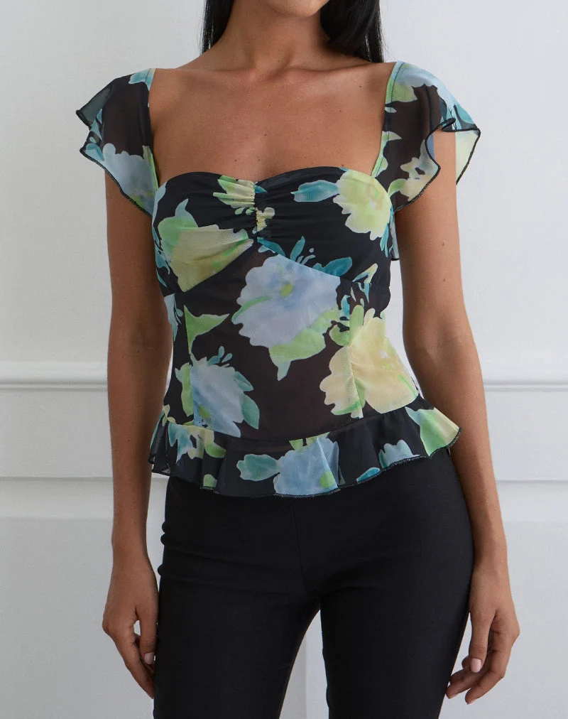 Selita Top aus schwarzem Chiffon mit Kristallblumenprint