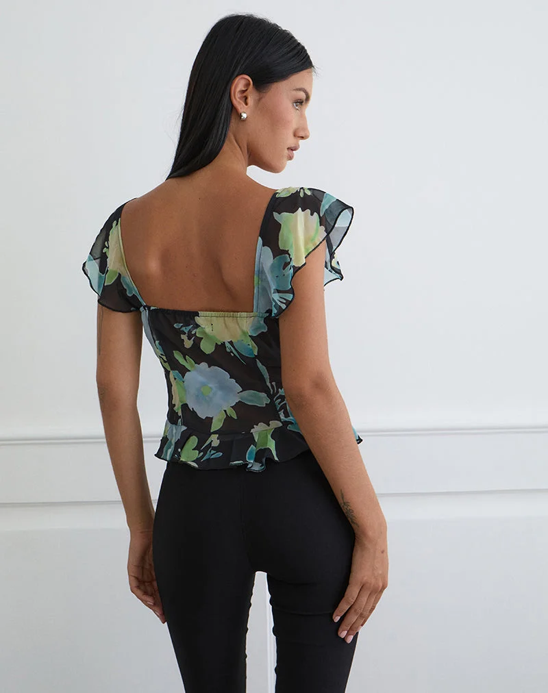 Selita Top aus schwarzem Chiffon mit Kristallblumenprint