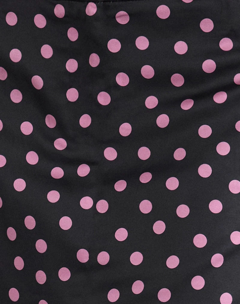 Maula Minirock aus schwarzem Satin mit rosa Polka-Punkten