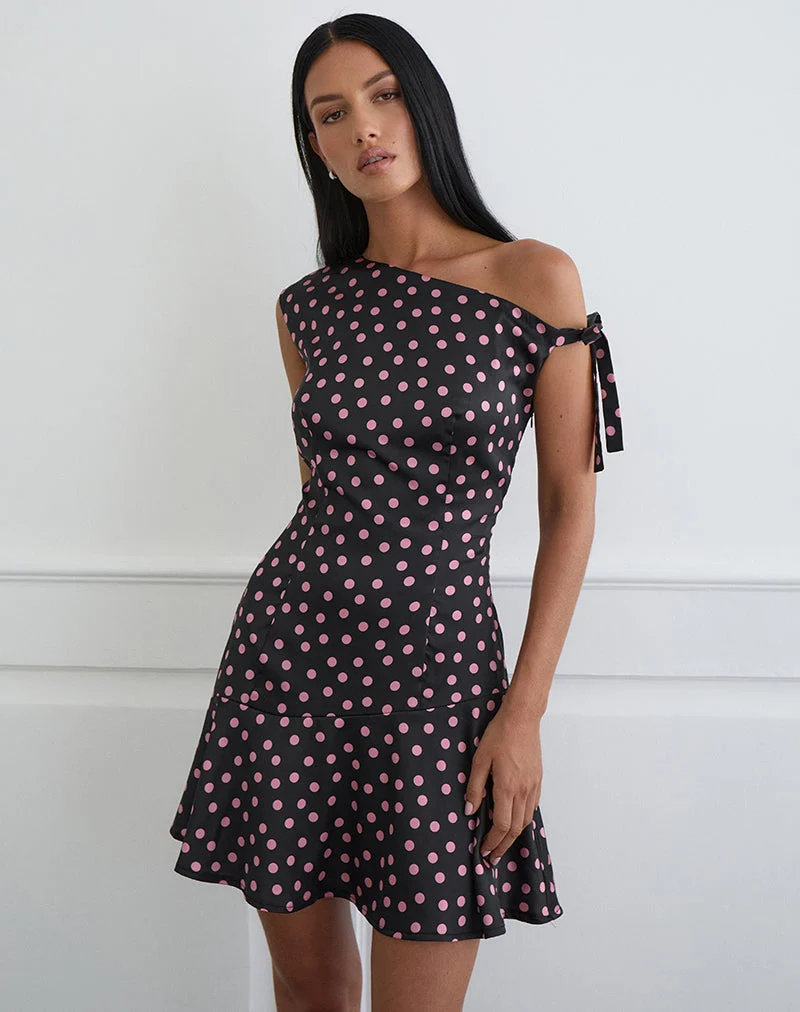 Maribel Minikleid aus schwarzem Satin mit rosa Polka-Punkten