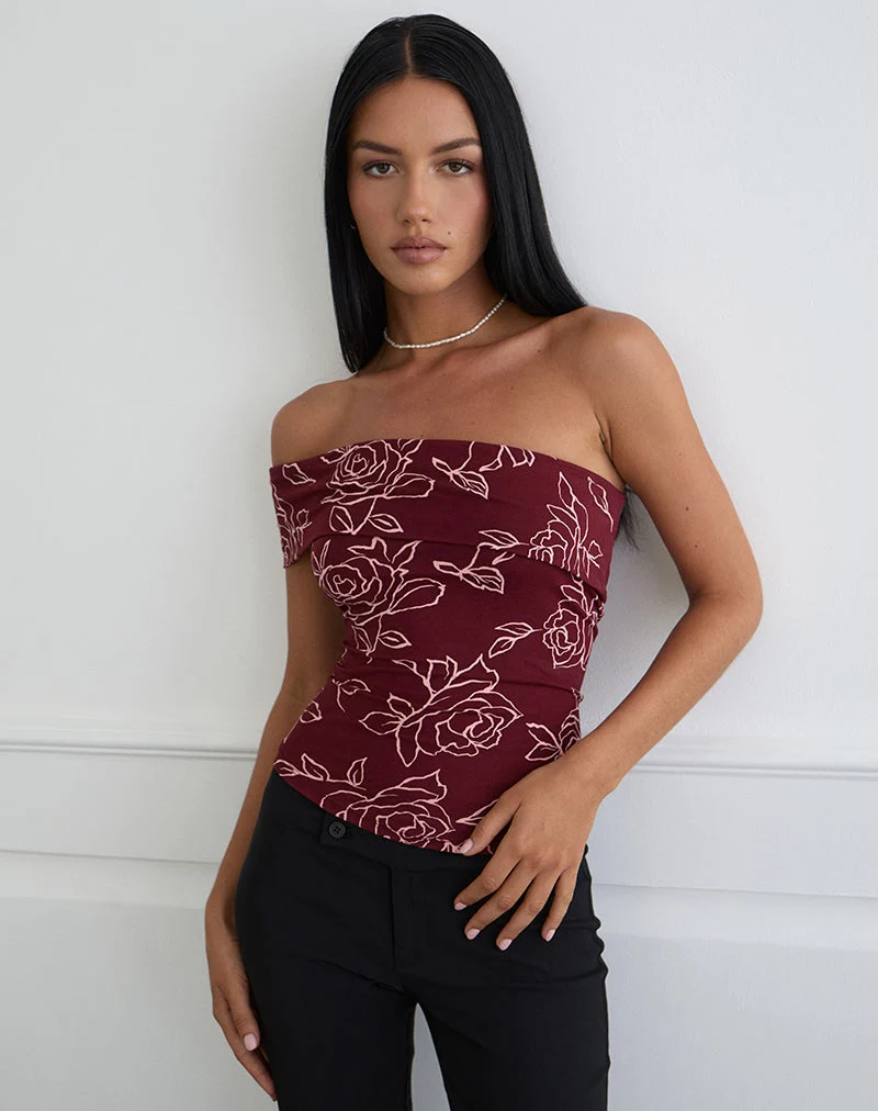 Marga One-Shoulder-Top in Outline Rose Maroon
