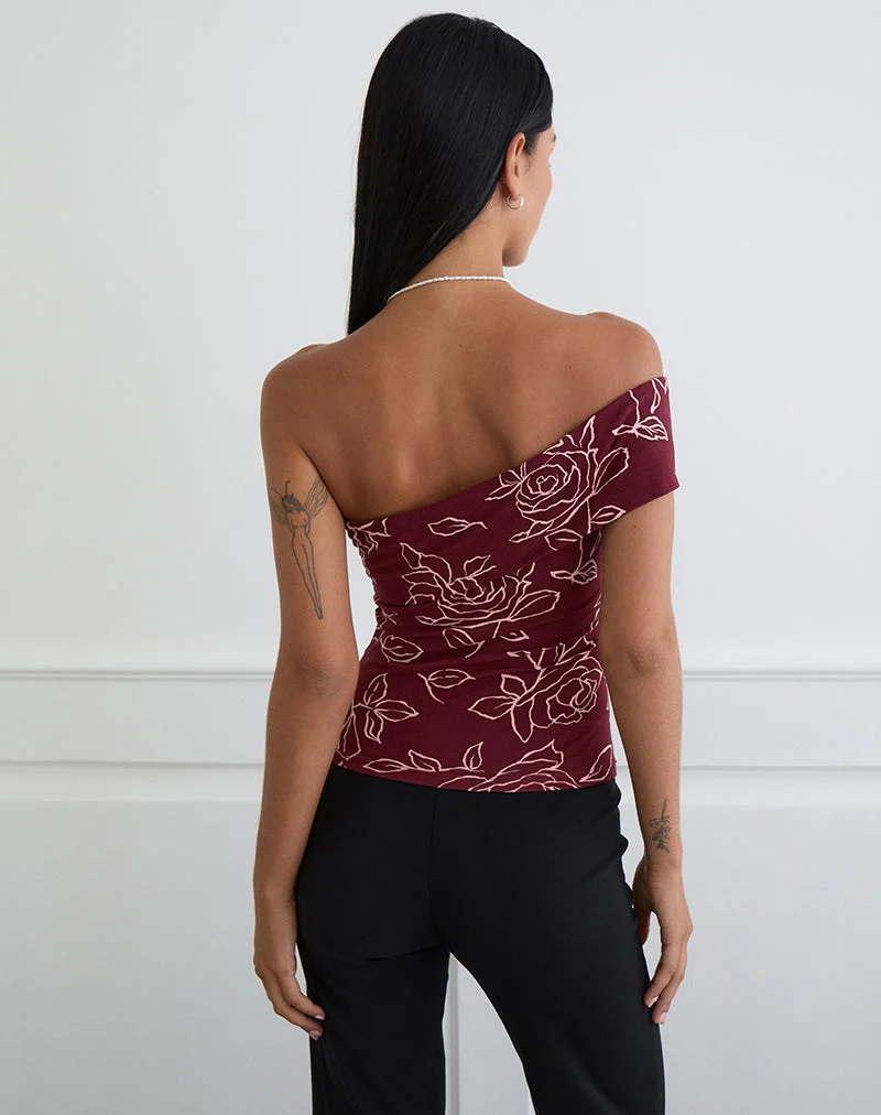 Marga One-Shoulder-Top in Outline Rose Maroon