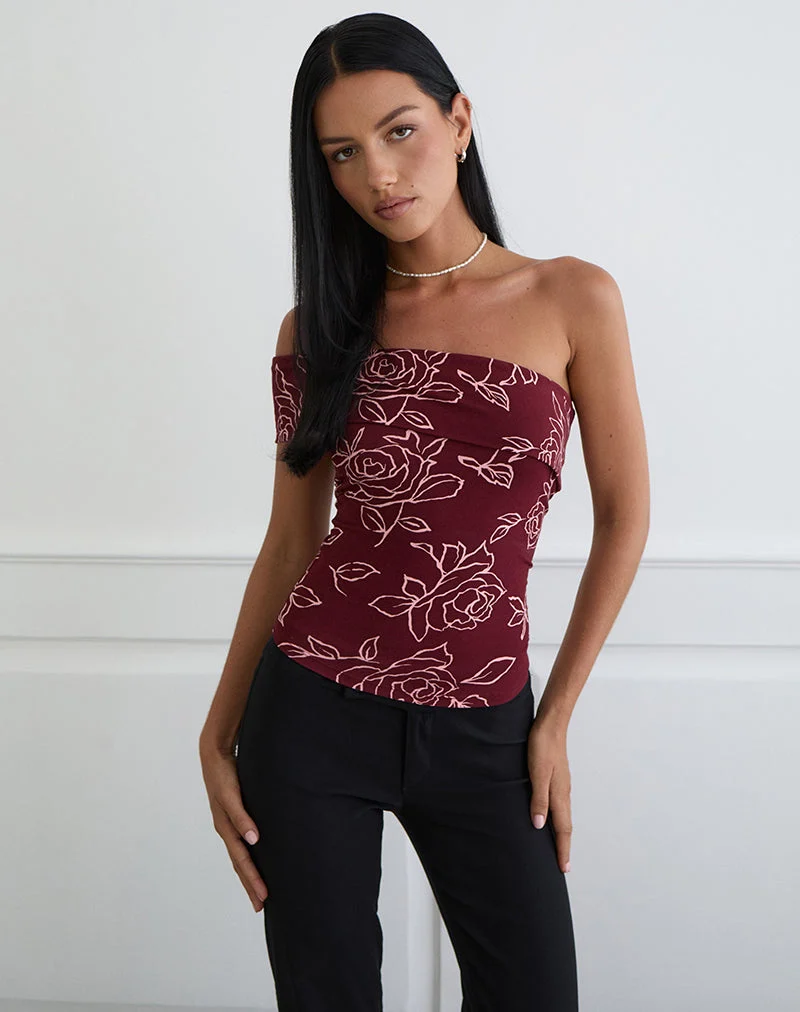 Marga One-Shoulder-Top in Outline Rose Maroon