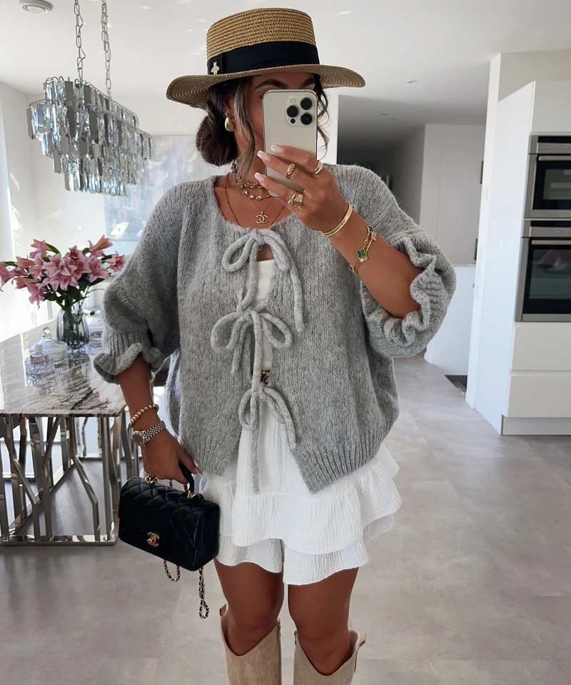 Cardigan Schleife Fia Dreiviertel Hellgrau