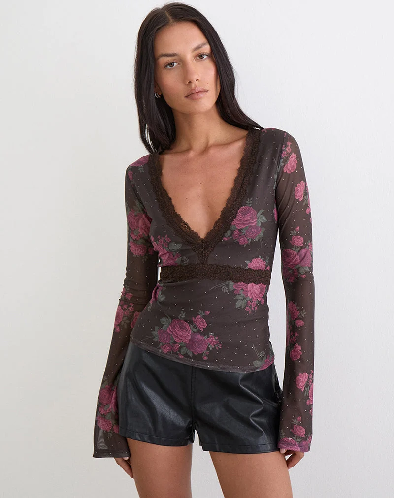 Yudo Top in Braun mit rosa Polka-Dots und Rosenprint
