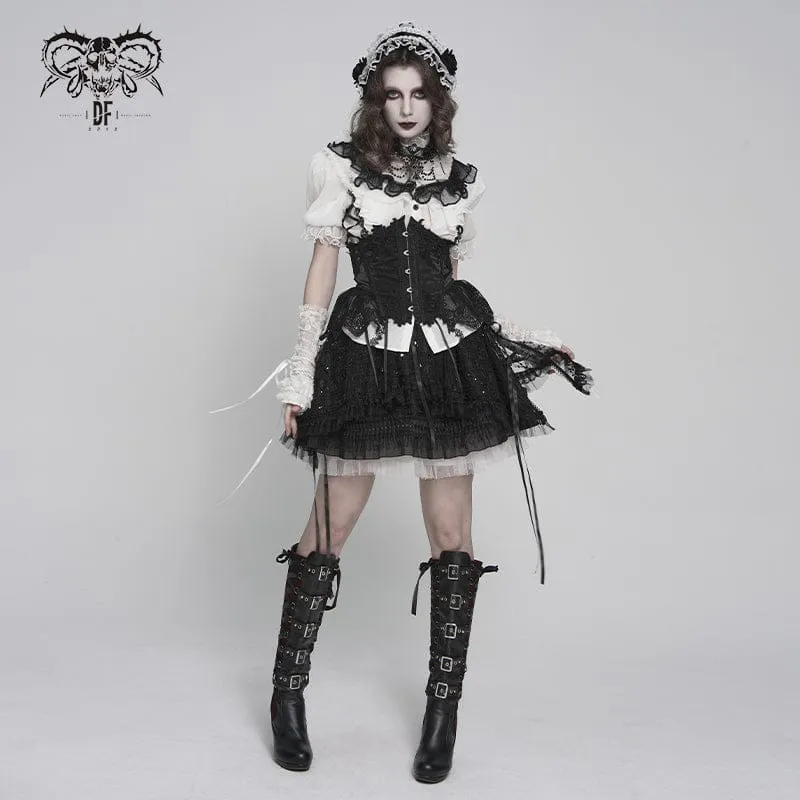 Gothic-Damenbluse mit Rüschen, Stehkragen, Puffärmeln und kurzen Ärmeln, Schwarz-Weiß