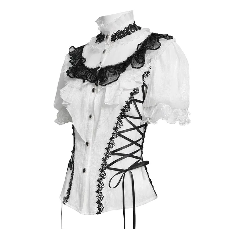 Gothic-Damenbluse mit Rüschen, Stehkragen, Puffärmeln und kurzen Ärmeln, Schwarz-Weiß
