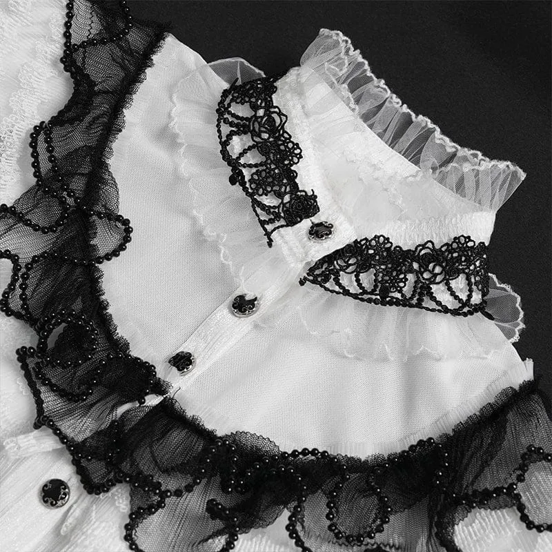 Gothic-Damenbluse mit Rüschen, Stehkragen, Puffärmeln und kurzen Ärmeln, Schwarz-Weiß