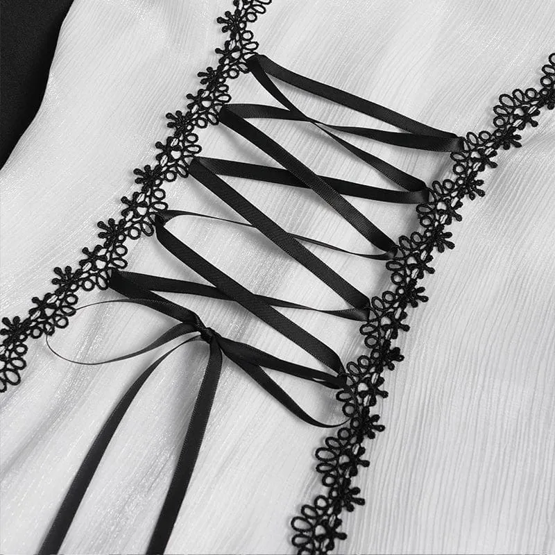 Gothic-Damenbluse mit Rüschen, Stehkragen, Puffärmeln und kurzen Ärmeln, Schwarz-Weiß