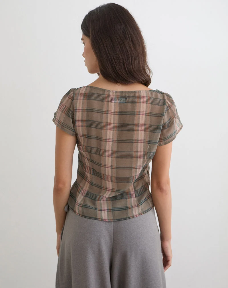 Meraki Bluse in Braun und Rosa mit verschwommenem Karomuster
