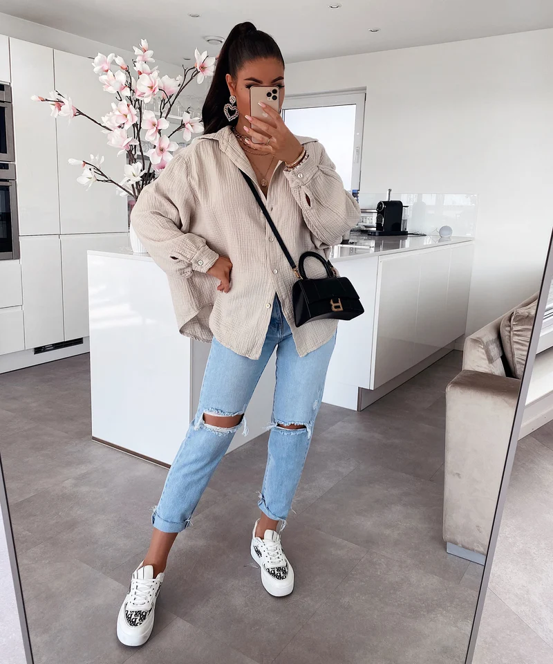 Oversize Musselin Bluse Freya Beige Kurz