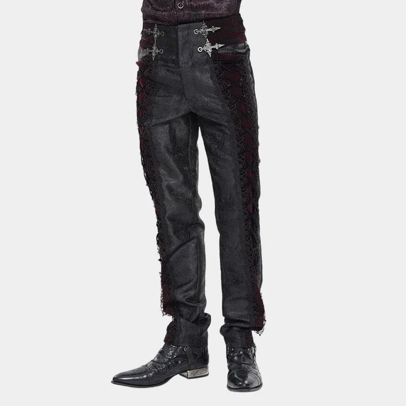 Gothic-Samthose für Herren mit Schnürung und gekreuzten Details, Schwarz-Rot