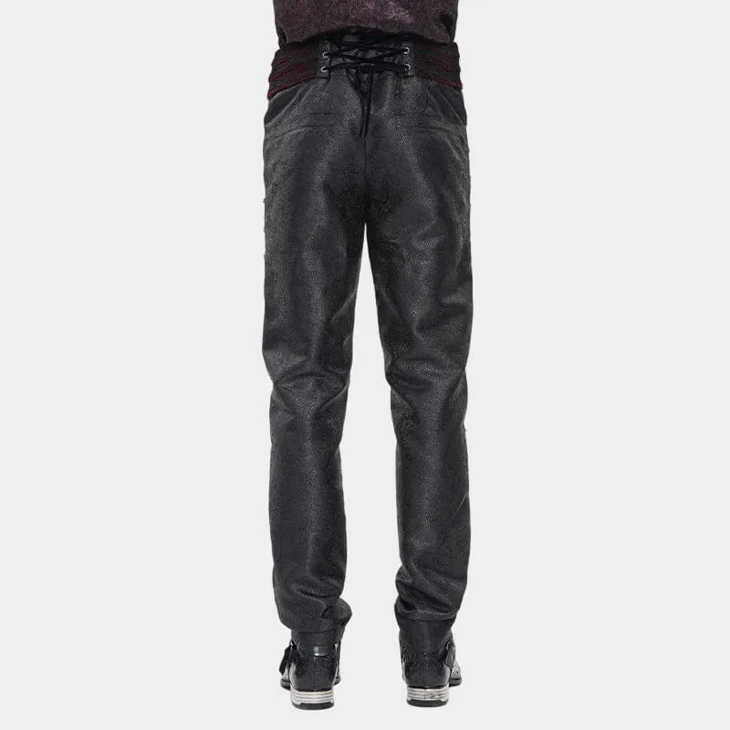 Gothic-Samthose für Herren mit Schnürung und gekreuzten Details, Schwarz-Rot