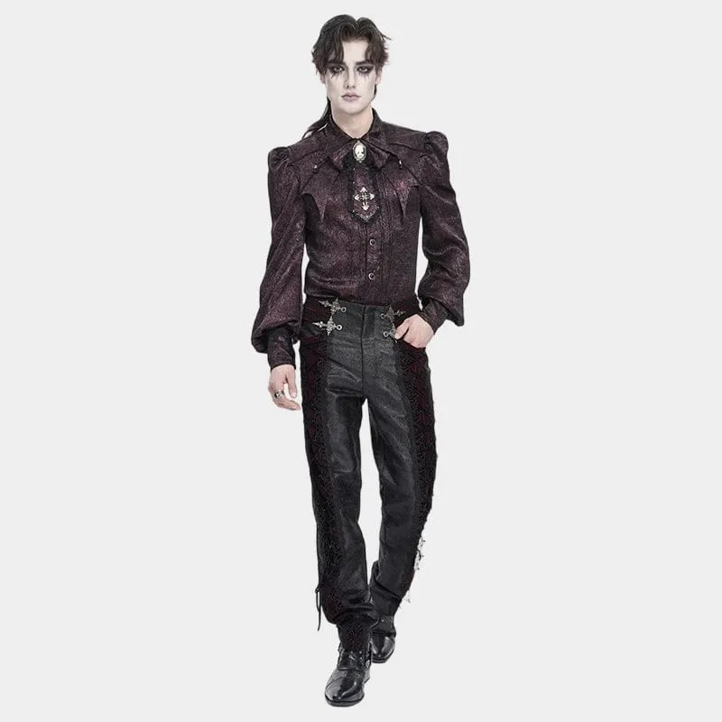 Gothic-Samthose für Herren mit Schnürung und gekreuzten Details, Schwarz-Rot