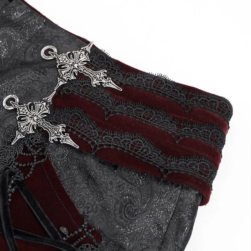 Gothic-Samthose für Herren mit Schnürung und gekreuzten Details, Schwarz-Rot