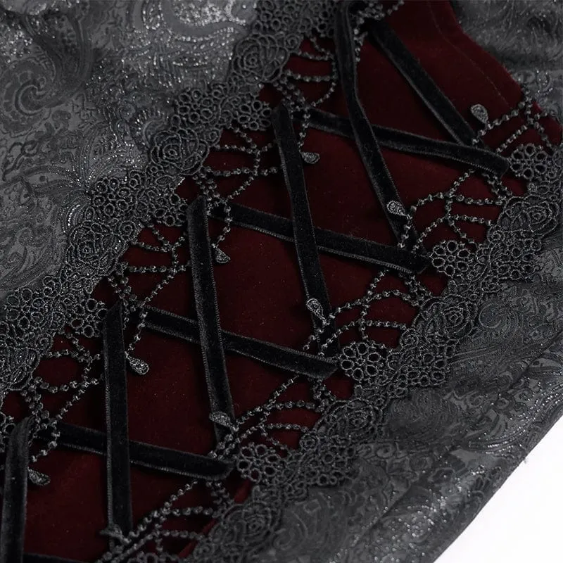 Gothic-Samthose für Herren mit Schnürung und gekreuzten Details, Schwarz-Rot