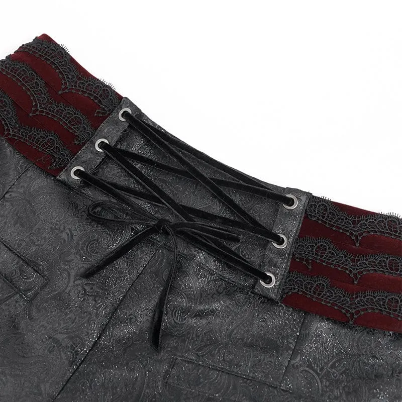 Gothic-Samthose für Herren mit Schnürung und gekreuzten Details, Schwarz-Rot