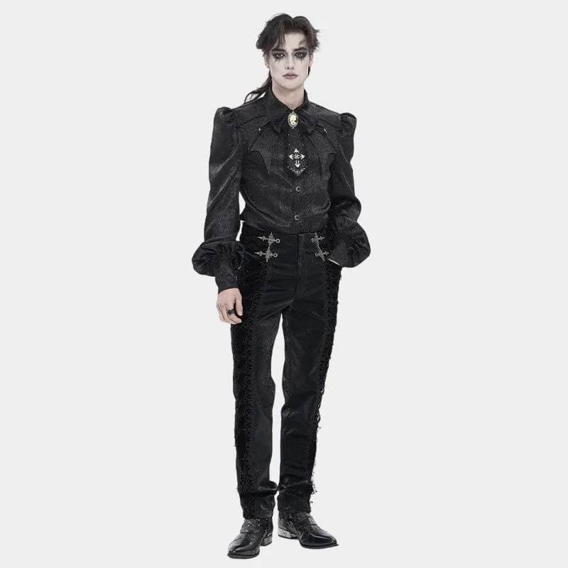 Schwarze Gothic-Samthose für Herren mit Schnürung und gekreuzten Details