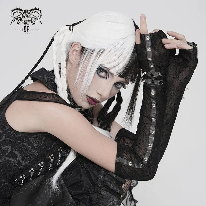 Damen-Handschuhe aus bedrucktem Mesh mit Punk-Nieten