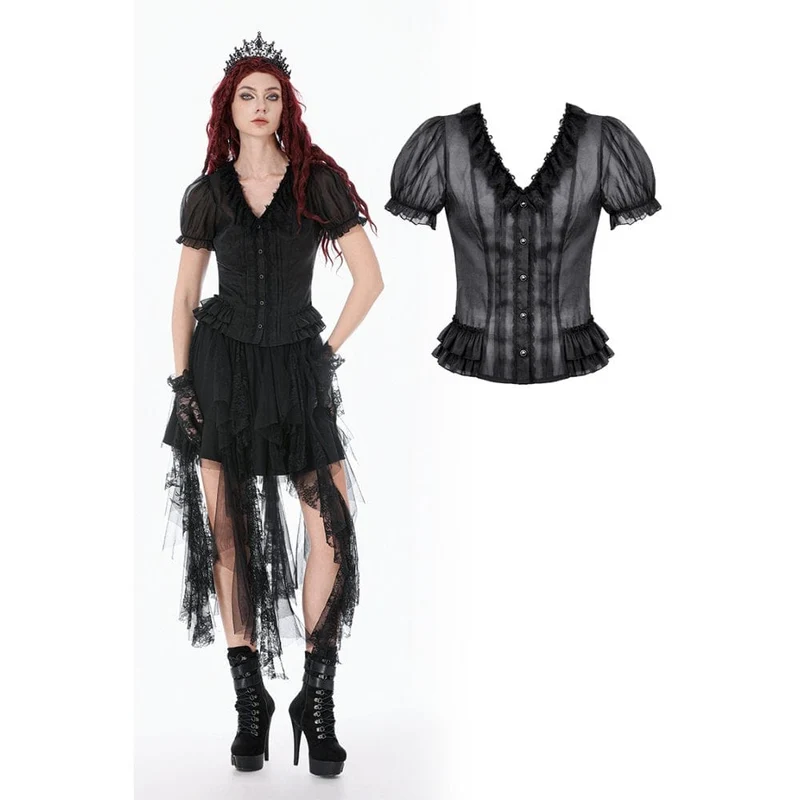 Gothic-Damenbluse, transparent, mehrlagig, mit Rüschen und Puffärmeln
