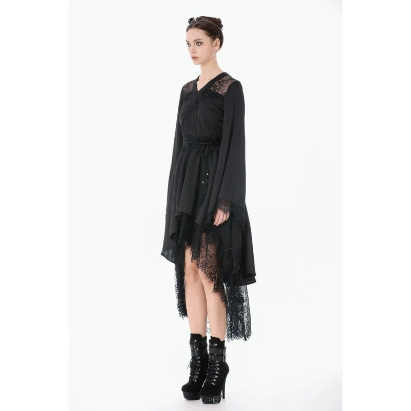 Gothic-Kleid für Damen mit floraler Spitze, transparentem, asymmetrischem Saum und langen Ärmeln