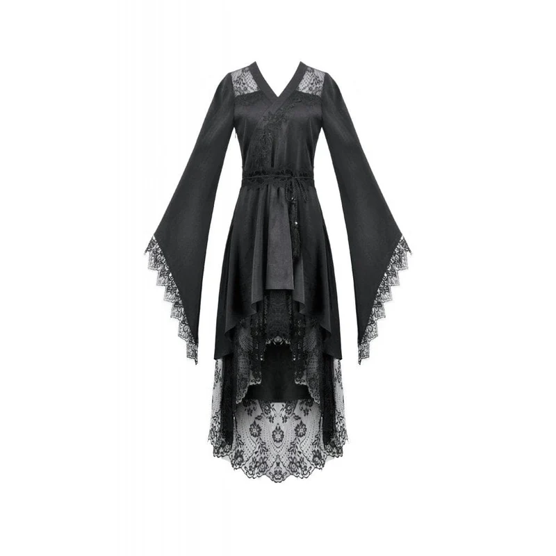 Gothic-Kleid für Damen mit floraler Spitze, transparentem, asymmetrischem Saum und langen Ärmeln