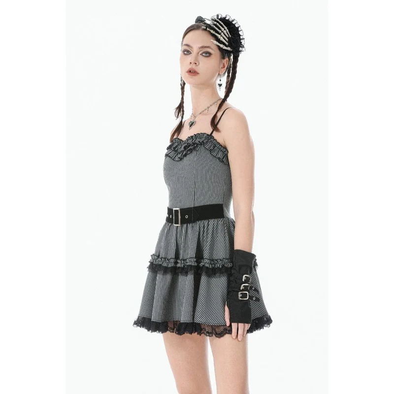 Gothic-Nadelstreifen-Mehrlagen-Falbala-Kleid für Damen, Abschlusskleid
