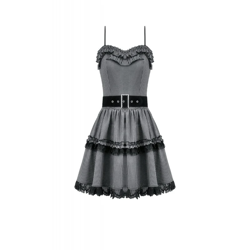 Gothic-Nadelstreifen-Mehrlagen-Falbala-Kleid für Damen, Abschlusskleid
